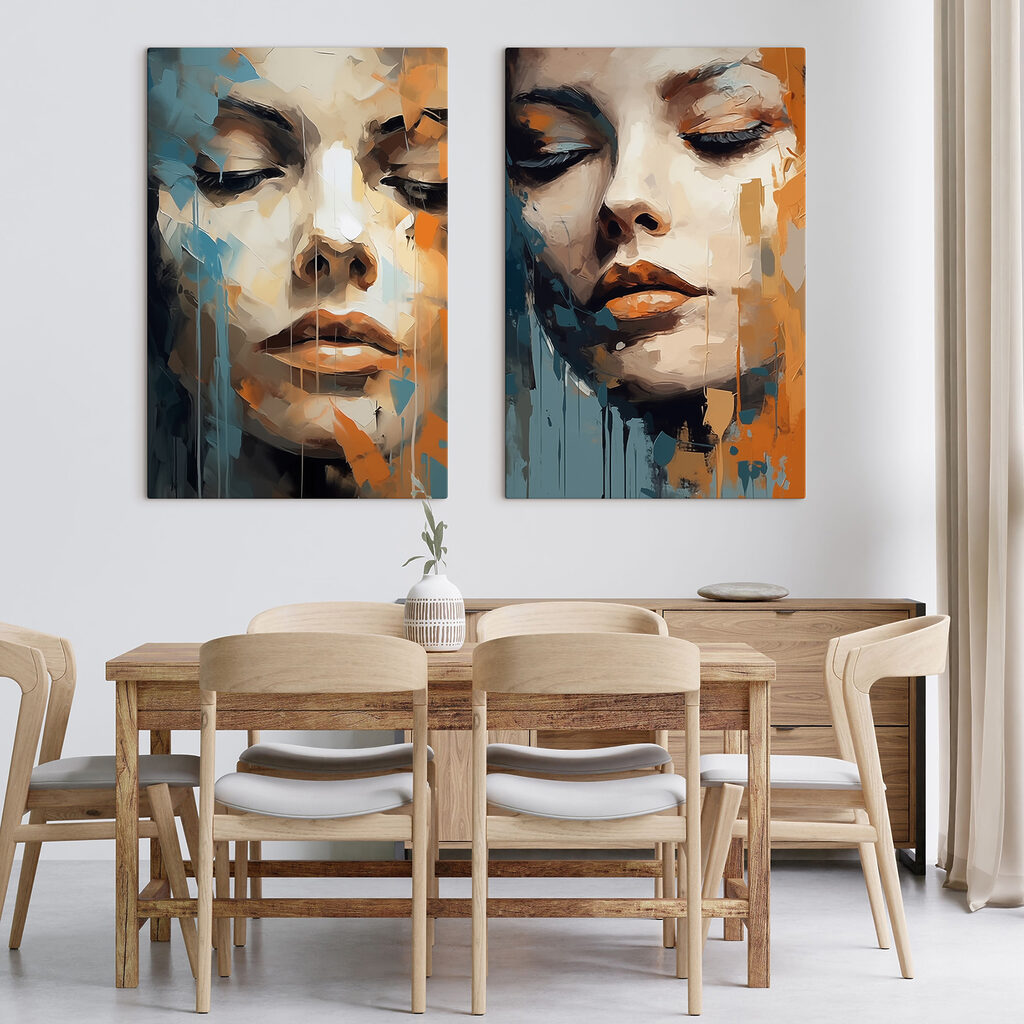 Woman's face with orange and blue paint Woman's face with orange and blue paint
