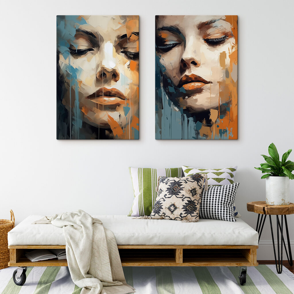 Woman's face with orange and blue paint Woman's face with orange and blue paint