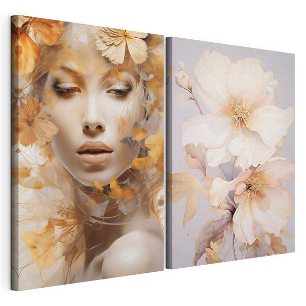 Frau mit Blumen und einer Schaufensterpuppe Modularer Leinwanddruck Frau mit Blumen und einer Schaufensterpuppe