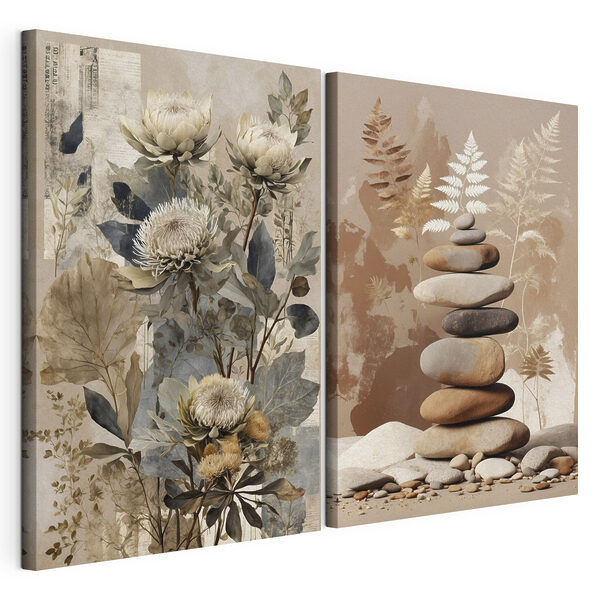 Modularer Leinwanddruck Collage aus Blumen und Steinen
