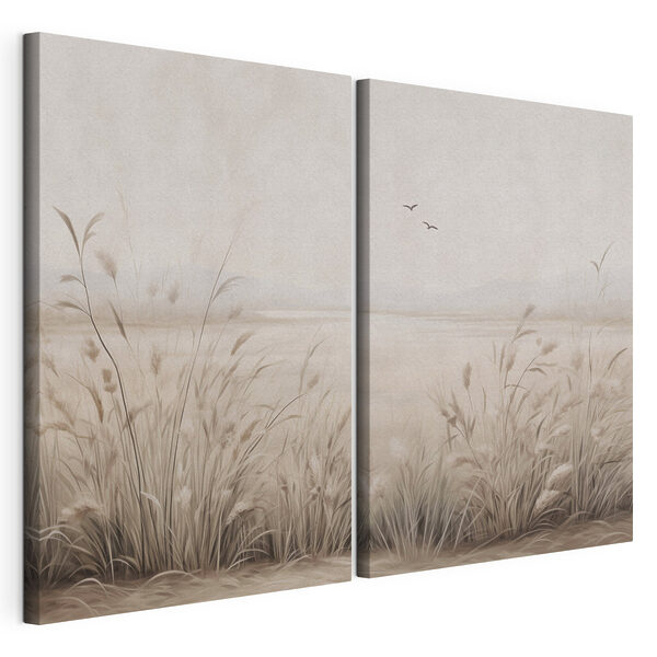 Gemälde mit Gras und fliegenden Vögeln Modularer Leinwanddruck Gemälde mit Gras und fliegenden Vögeln