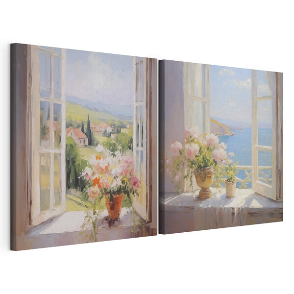 Modularer Leinwanddruck Gemälde von Blumen auf einer Fensterbank
