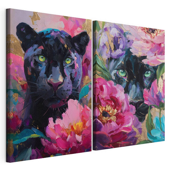 Gemälde einer Pantherin und einer Pantherin mit Blumen Modularer Leinwanddruck Gemälde einer Pantherin und einer Pantherin mit Blumen