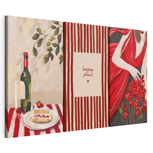 Collage einer Frau, die einen Strauß Rosen und eine Kerze in der Hand hält Modularer Leinwanddruck Collage einer Frau, die einen Strauß Rosen und eine Kerze in der Hand hält