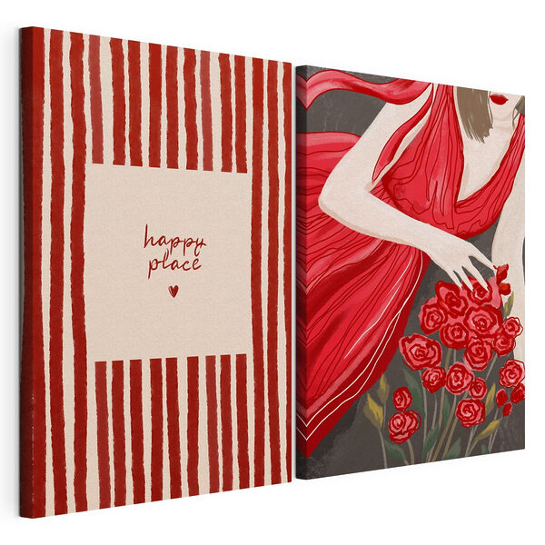 Frau in einem roten Kleid, die Blumen in der Hand hält Modularer Leinwanddruck Frau in einem roten Kleid, die Blumen in der Hand hält