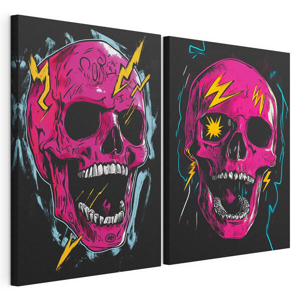 Modularer Leinwanddruck Collage aus einem rosa Totenkopf mit Blitzen