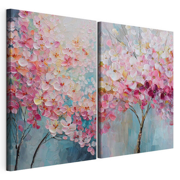 Gemälde eines Baumes mit rosa Blüten Modularer Leinwanddruck Gemälde eines Baumes mit rosa Blüten