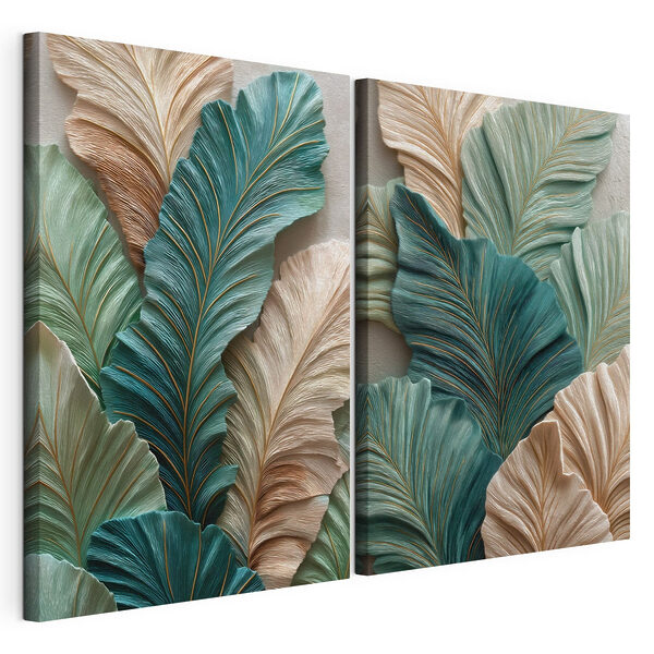Kunstwerk mit einem Arrangement aus grünen und beigen Blättern Modularer Leinwanddruck Kunstwerk mit einem Arrangement aus grünen und beigen Blättern