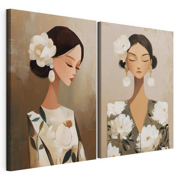 Collage einer Frau mit Blumen im Haar Modularer Leinwanddruck Collage einer Frau mit Blumen im Haar