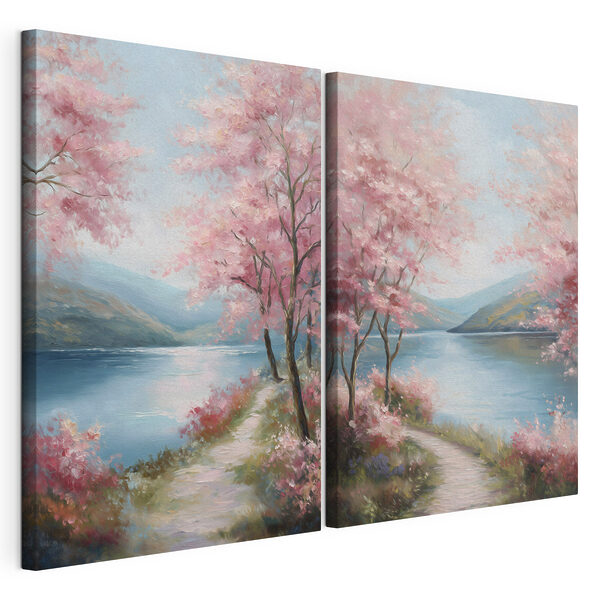 Gemälde eines Weges am See mit rosa Blumen Modularer Leinwanddruck Gemälde eines Weges am See mit rosa Blumen