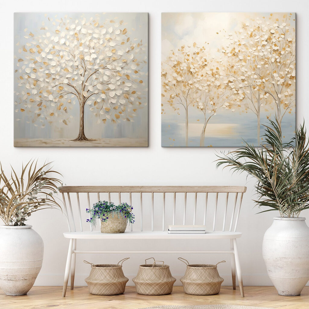 Two paintings of trees with leaves Two paintings of trees with leaves