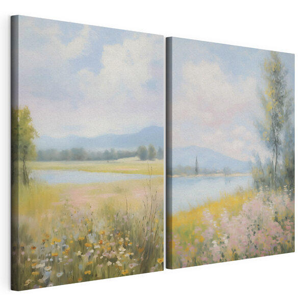 Gemälde einer Landschaft mit einem Fluss und einem Blumenfeld Modularer Leinwanddruck Gemälde einer Landschaft mit einem Fluss und einem Blumenfeld