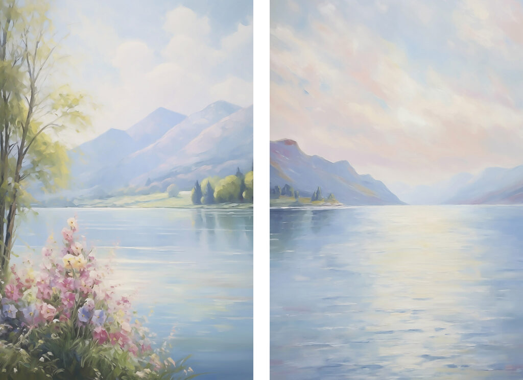Painting of a lake and mountains Painting of a lake and mountains