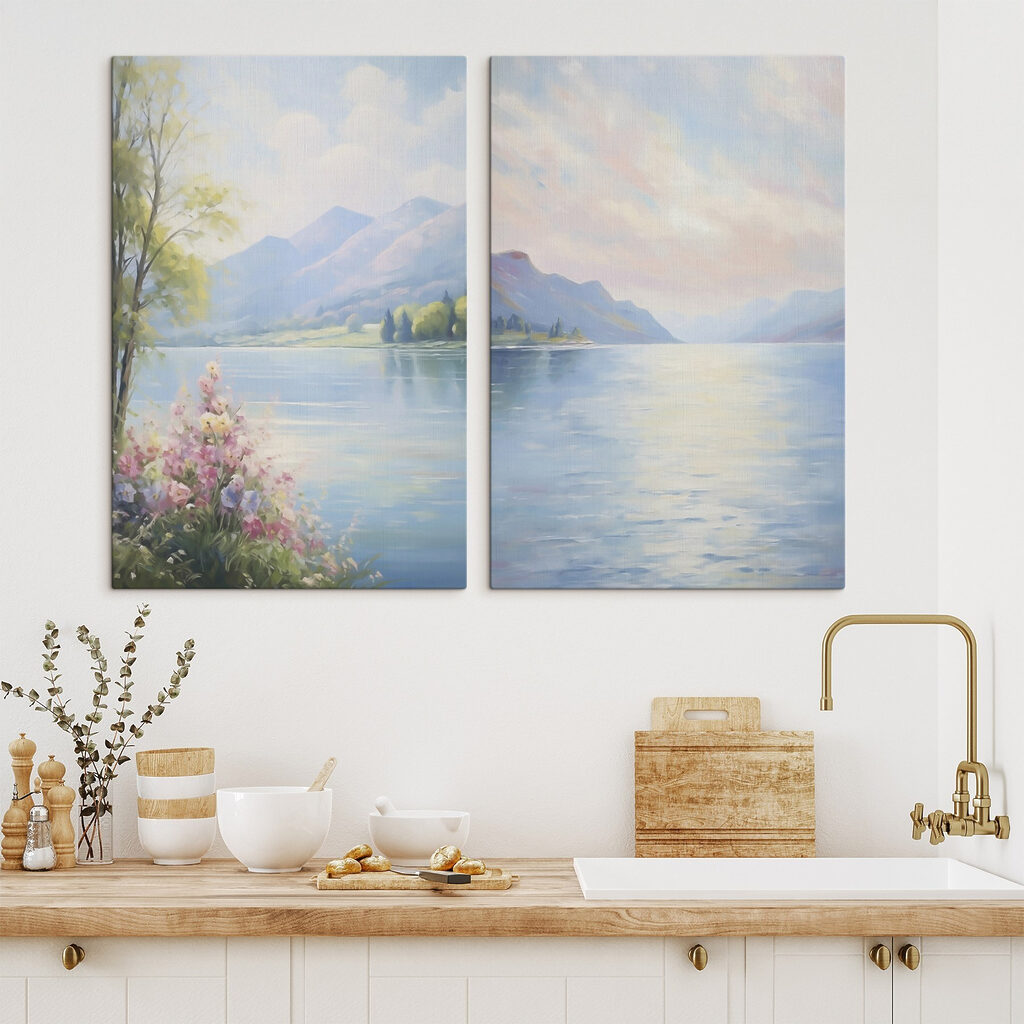 Painting of a lake and mountains Painting of a lake and mountains