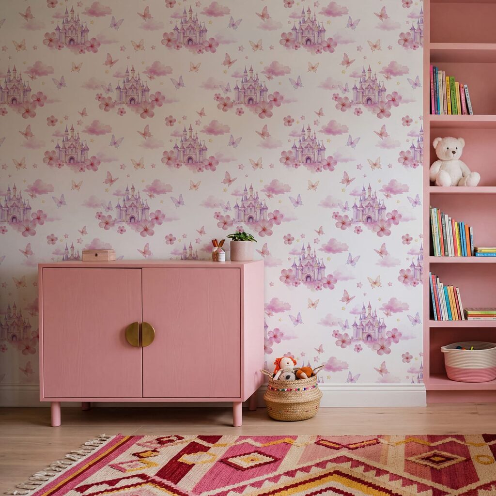 Motiv mit rosa und lila Schmetterlingen und einem Schloss
