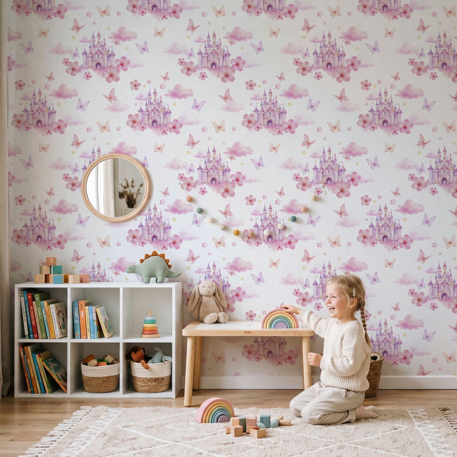 Motiv mit rosa und lila Schmetterlingen und einem Schloss