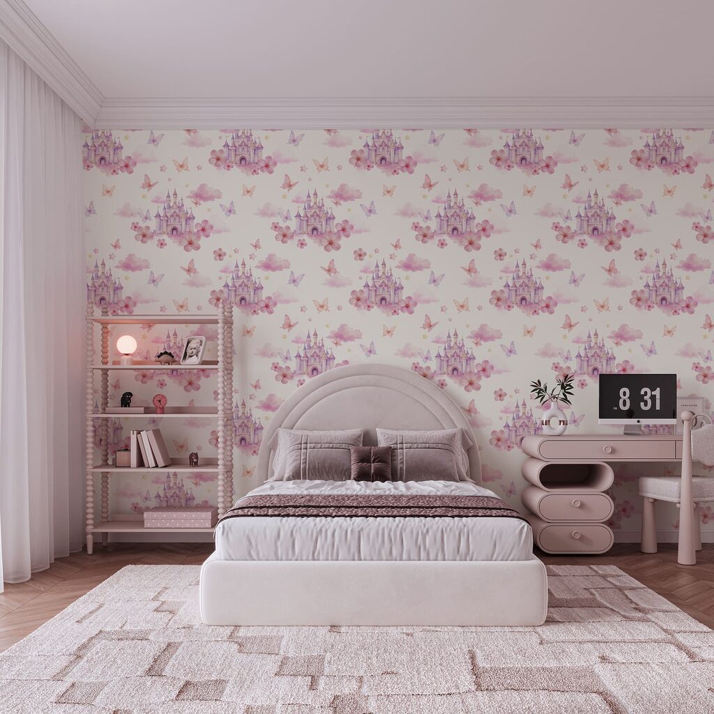 Motiv mit rosa und lila Schmetterlingen und einem Schloss