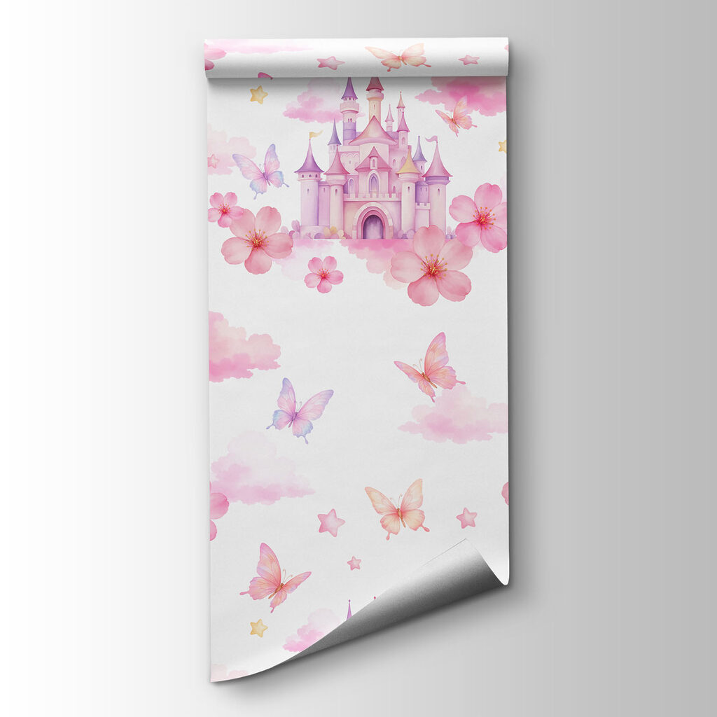 Pattern of pink and purple butterflies and a castle