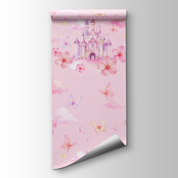Pink background with pink clouds and butterflies