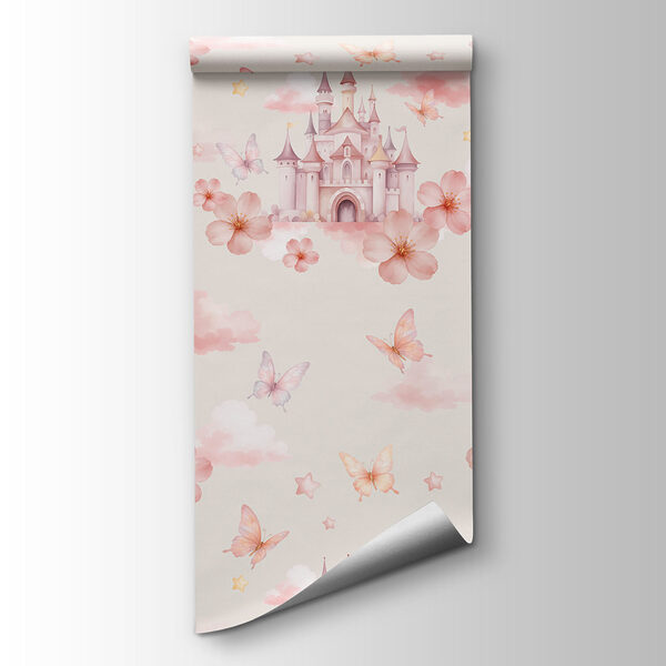 Pattern of pink butterflies and a castle Pattern of pink butterflies and a castle