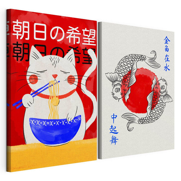 Zeichnung einer Katze und eines Fisches Modularer Leinwanddruck Zeichnung einer Katze und eines Fisches