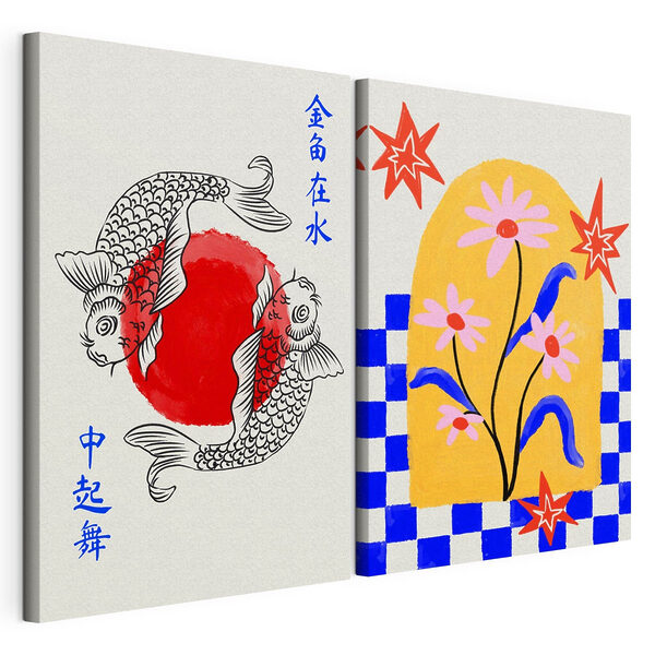 Zwei Karten mit Blumen und Fischen Modularer Leinwanddruck Zwei Karten mit Blumen und Fischen