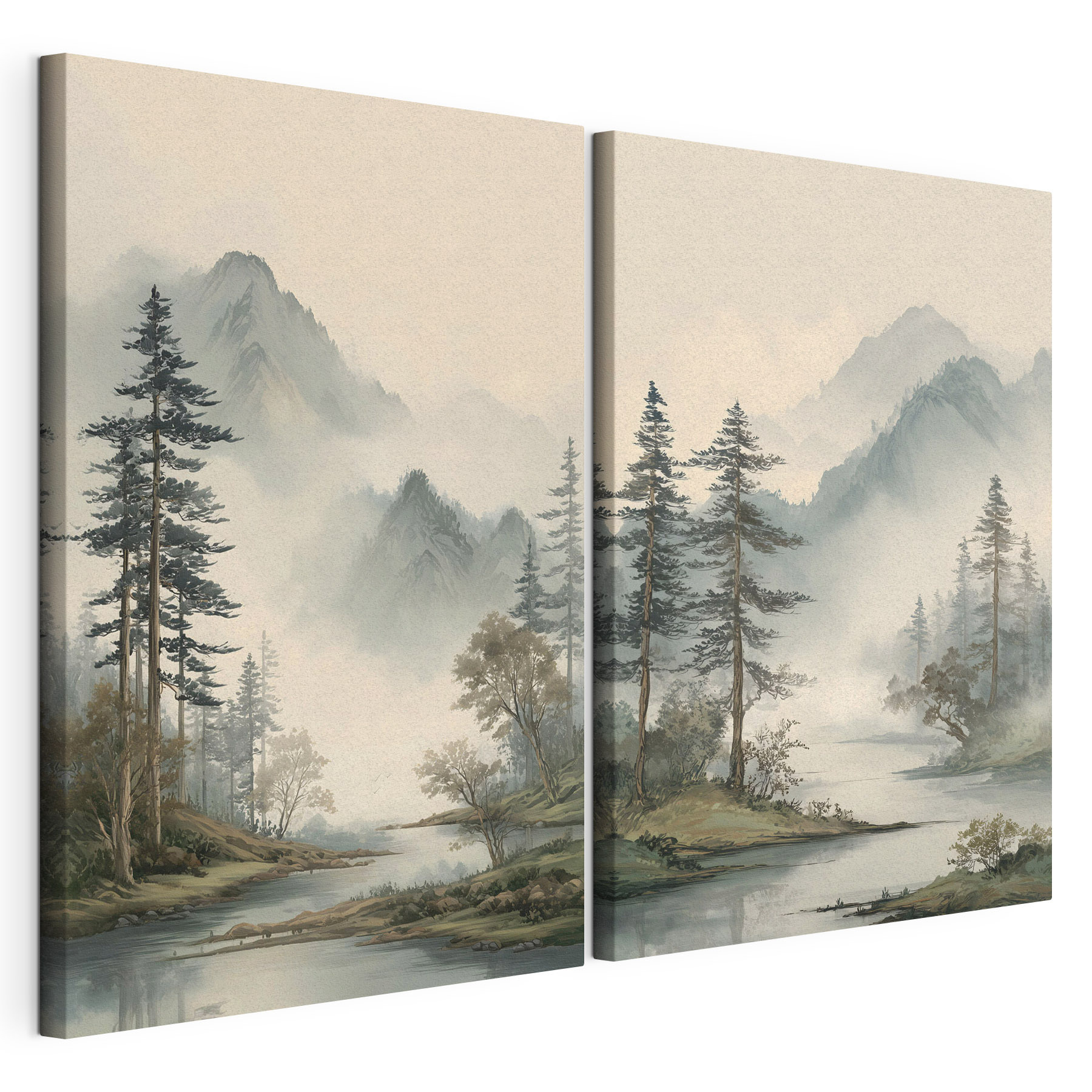 Painting of a river with trees and mountains Painting of a river with trees and mountains