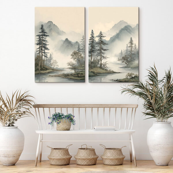 Painting of a river with trees and mountains Painting of a river with trees and mountains