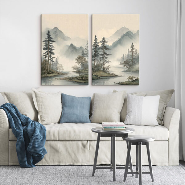 Painting of a river with trees and mountains Painting of a river with trees and mountains