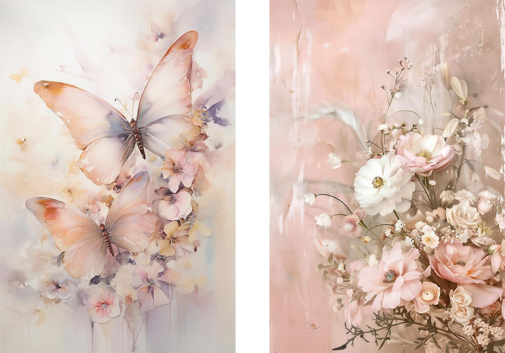 Two paintings of flowers and butterflies Two paintings of flowers and butterflies