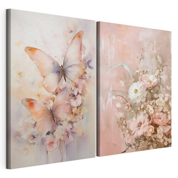 Zwei Gemälde mit Blumen und Schmetterlingen Modularer Leinwanddruck Zwei Gemälde mit Blumen und Schmetterlingen