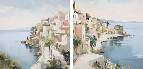 Painting of a town on a hill Painting of a town on a hill