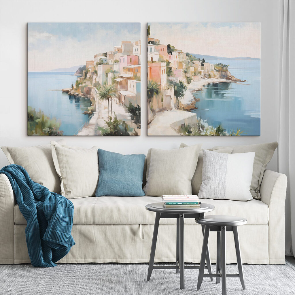 Painting of a town on a hill Painting of a town on a hill