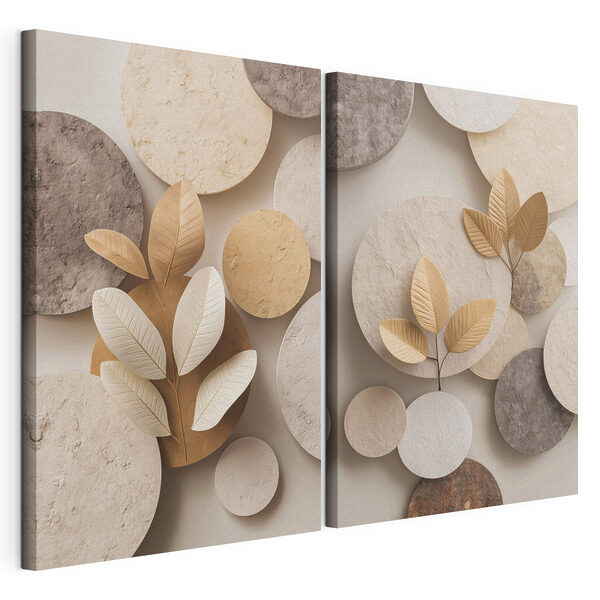 Collage aus Bildern von Kreisen und Blättern Modularer Leinwanddruck Collage aus Bildern von Kreisen und Blättern
