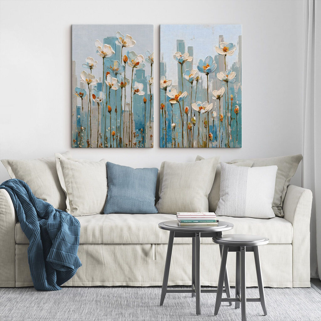 Painting of flowers in a city Painting of flowers in a city
