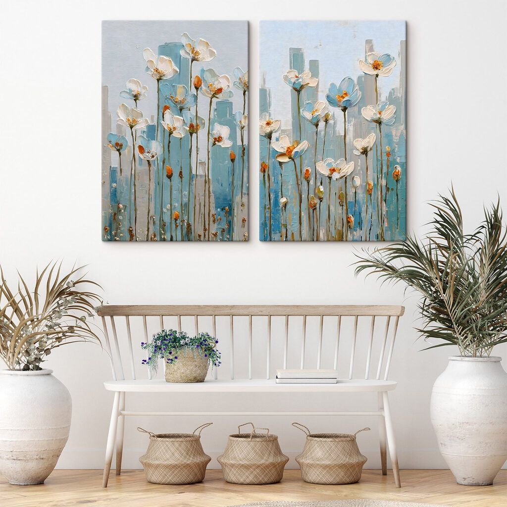 Painting of flowers in a city Painting of flowers in a city
