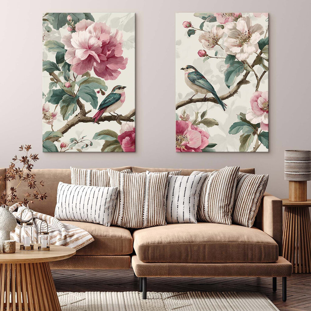 Two birds on a branch with flowers Two birds on a branch with flowers