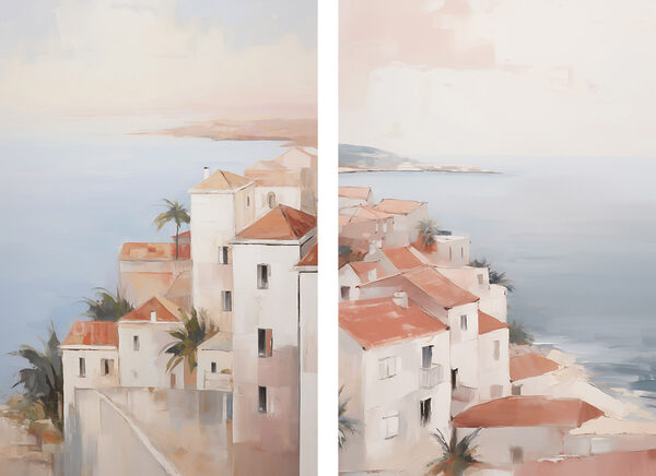 Painting of a town on a cliff Painting of a town on a cliff