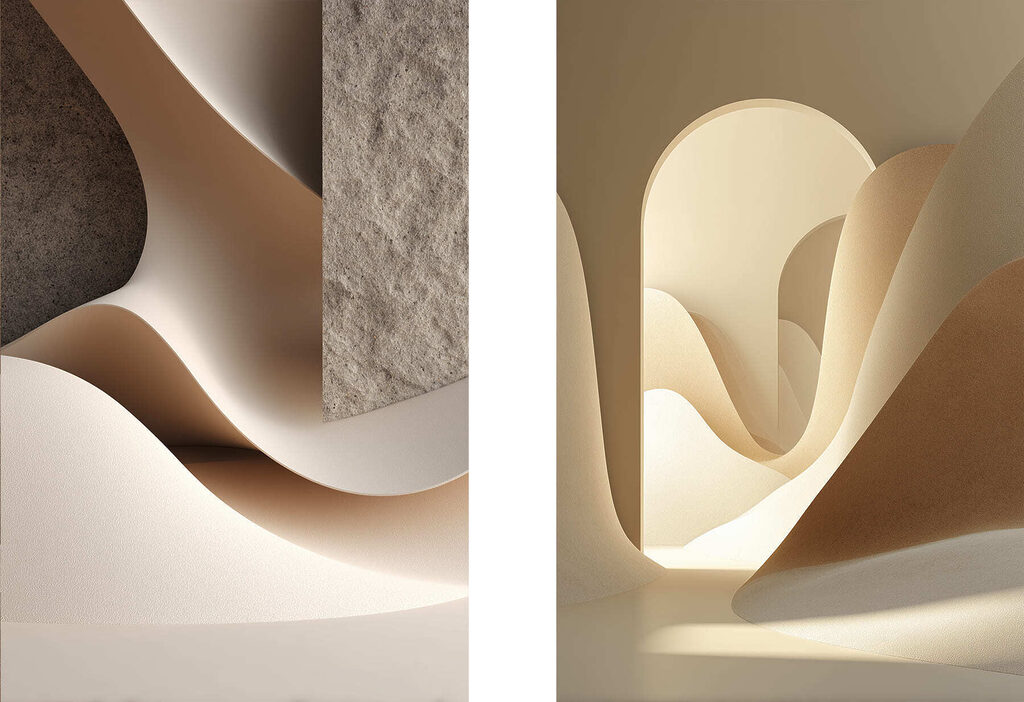 Collage of a room with a curved object Collage of a room with a curved object