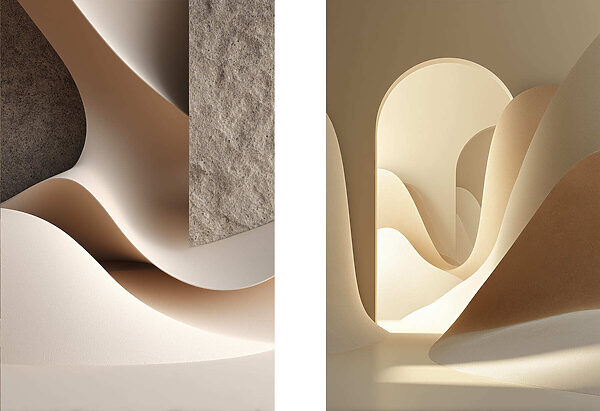 Collage of a room with a curved object Collage of a room with a curved object
