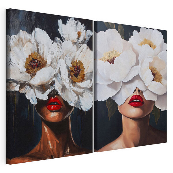 Gemälde einer Frau mit Blumen vor den Augen Modularer Leinwanddruck Gemälde einer Frau mit Blumen vor den Augen