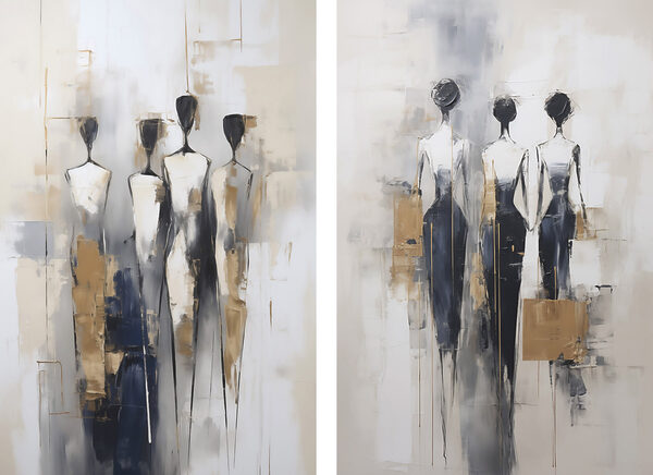Painting of people standing in a line Painting of people standing in a line