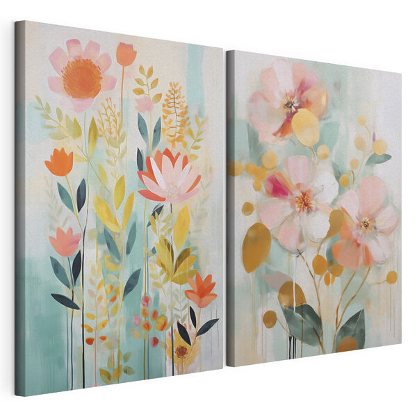 Zwei Gemälde mit Blumen und Blättern Modularer Leinwanddruck Zwei Gemälde mit Blumen und Blättern