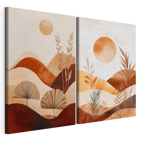 Modularer Leinwanddruck Gemälde einer Landschaft mit Pflanzen und Sonne