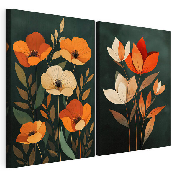 Gemälde mit Blumen auf schwarzem Hintergrund Modularer Leinwanddruck Gemälde mit Blumen auf schwarzem Hintergrund