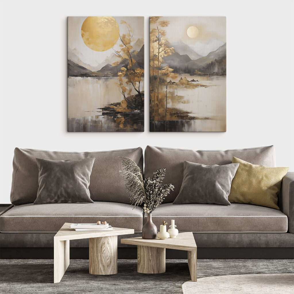 Painting of a landscape with a moon and mountains Painting of a landscape with a moon and mountains