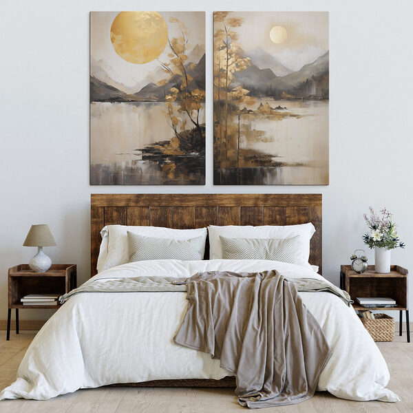Painting of a landscape with a moon and mountains Painting of a landscape with a moon and mountains