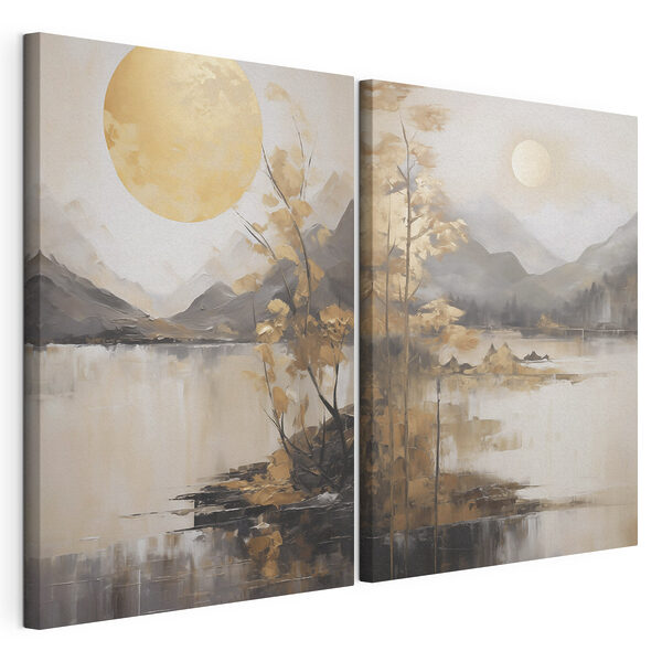 Gemälde einer Landschaft mit Mond und Bergen Modularer Leinwanddruck Gemälde einer Landschaft mit Mond und Bergen