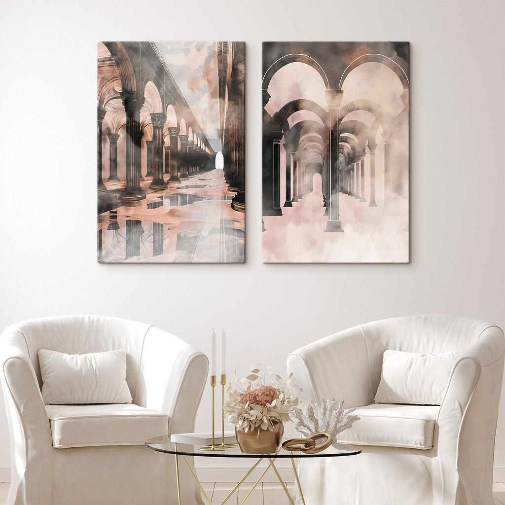 Collage of a hallway with columns and a puddle of water Collage of a hallway with columns and a puddle of water