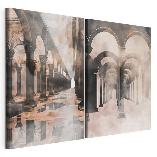 Collage eines Flurs mit Säulen und einer Wasserlache Modularer Leinwanddruck Collage eines Flurs mit Säulen und einer Wasserlache